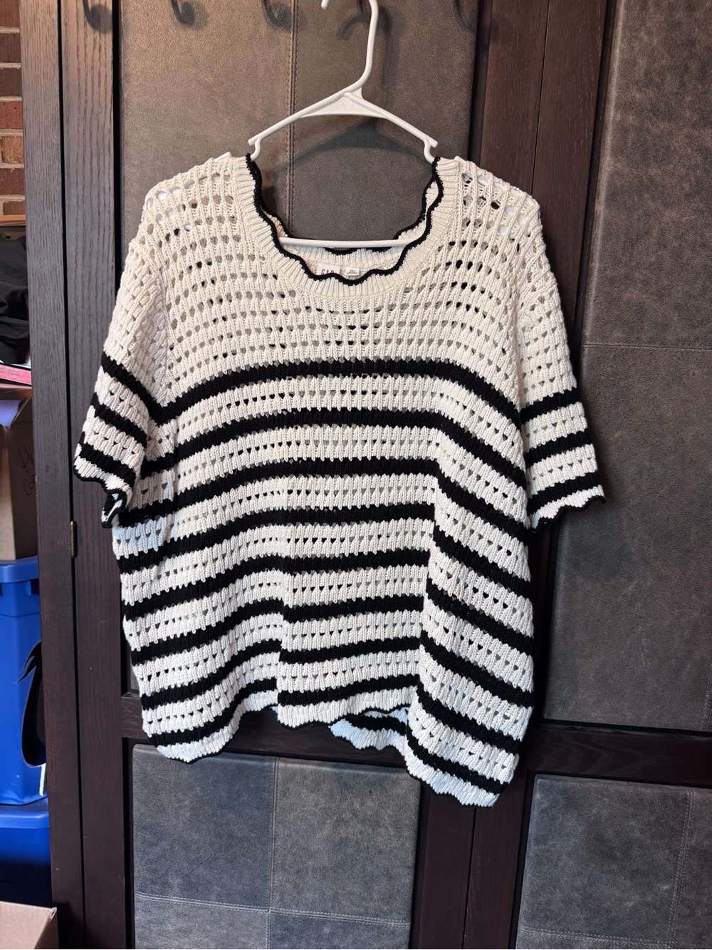 GAP Cream and Black Striped Crochet Scoop Neck Sweater
